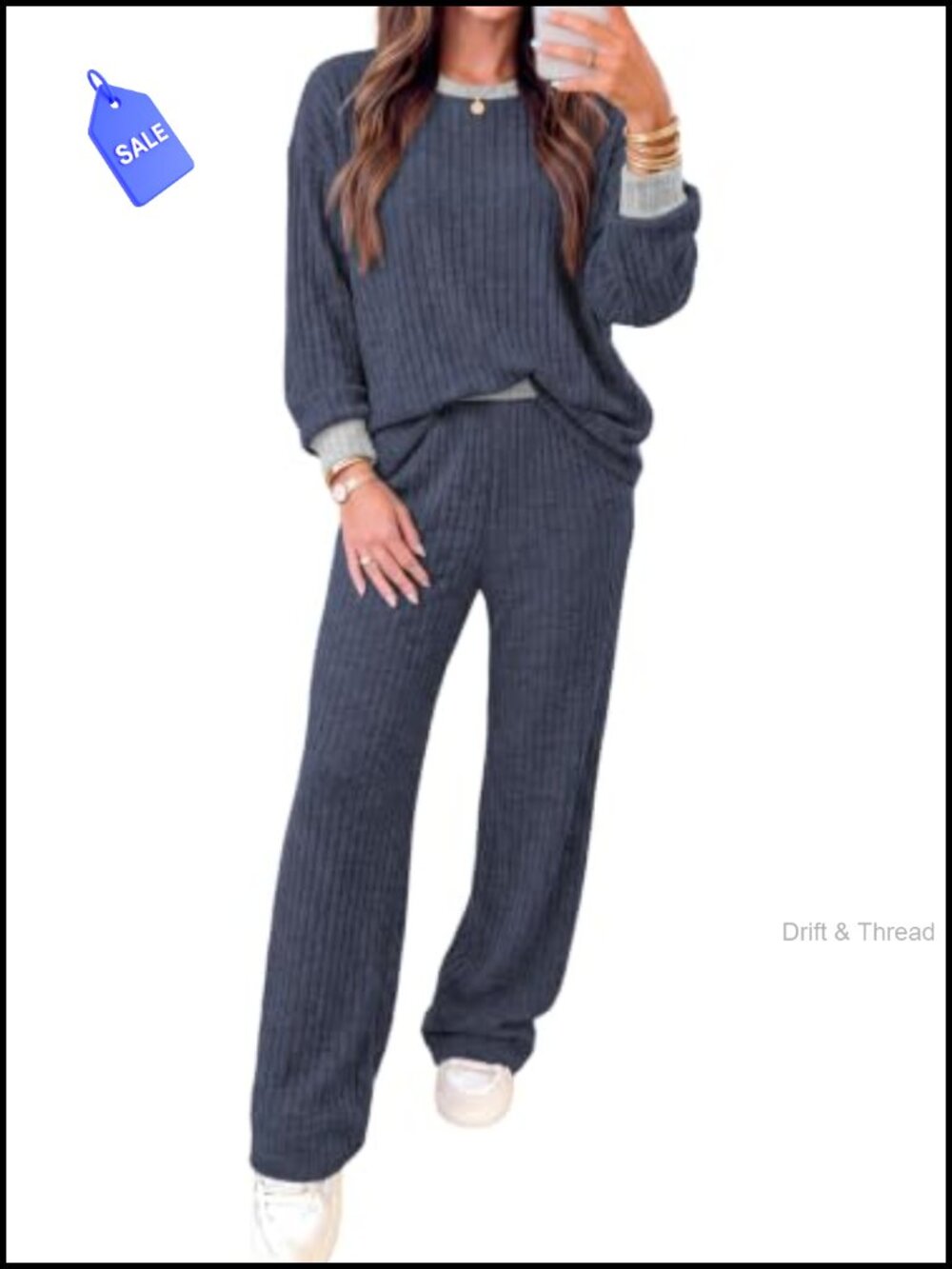 Ribbed Knit 2 Piece Lounge Set Wide Leg Sweater Pants Fall Outfit